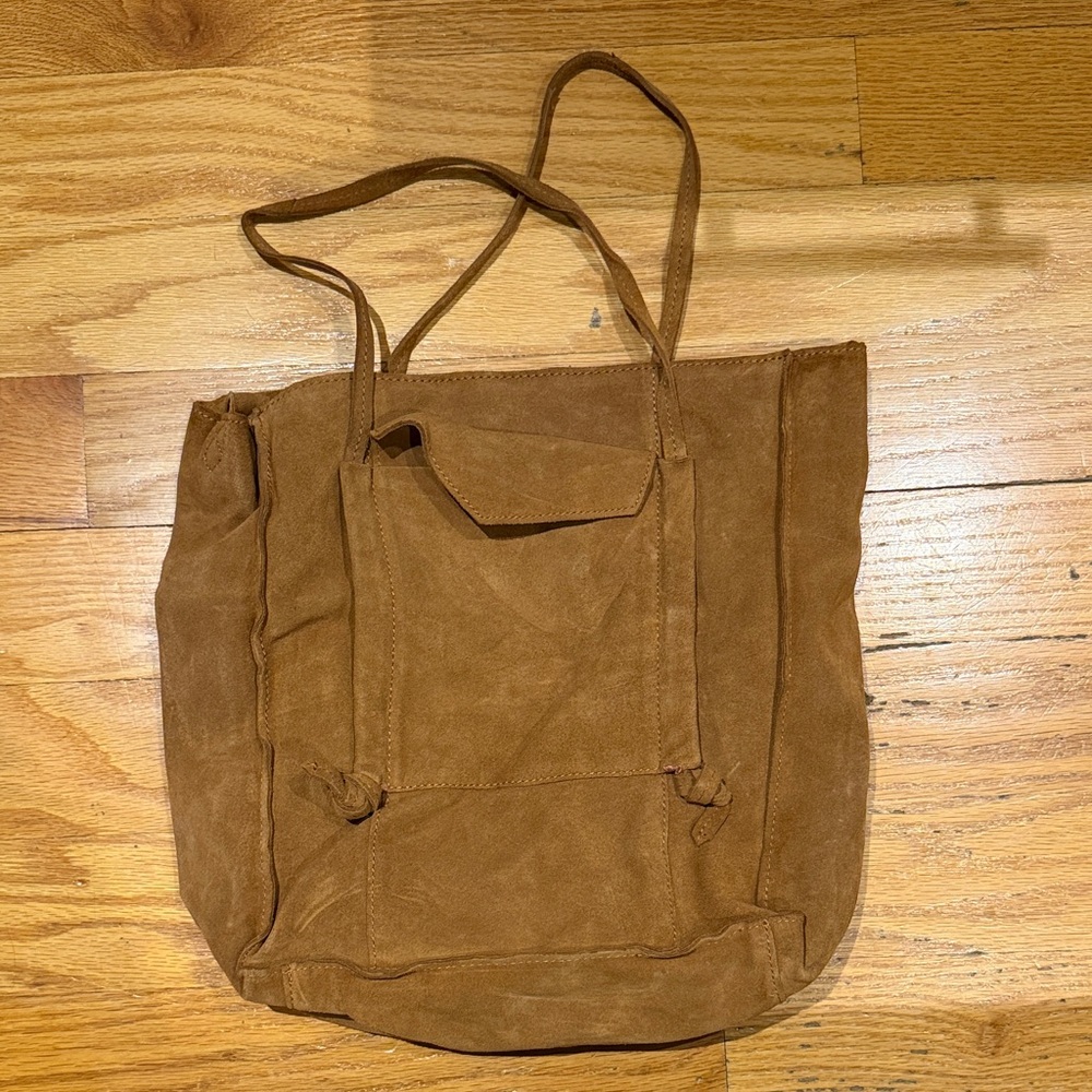 Zara Caramel Brown Suede Tote with canvas interior